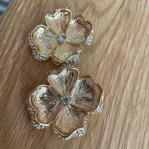 Gold Large Flower Earrings with Pave Diamond Crystals! In perfect condition!
